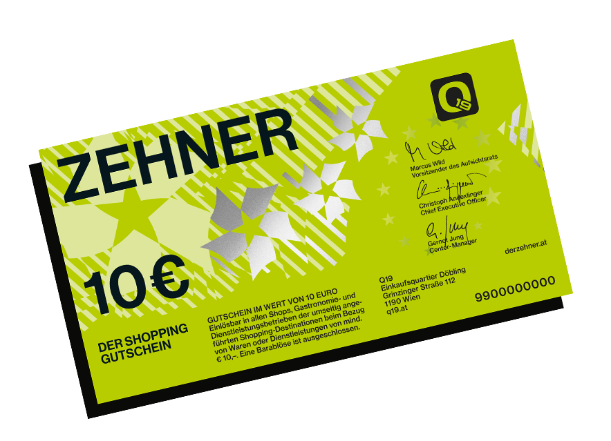 Ein grüner Zehner Gutschein.